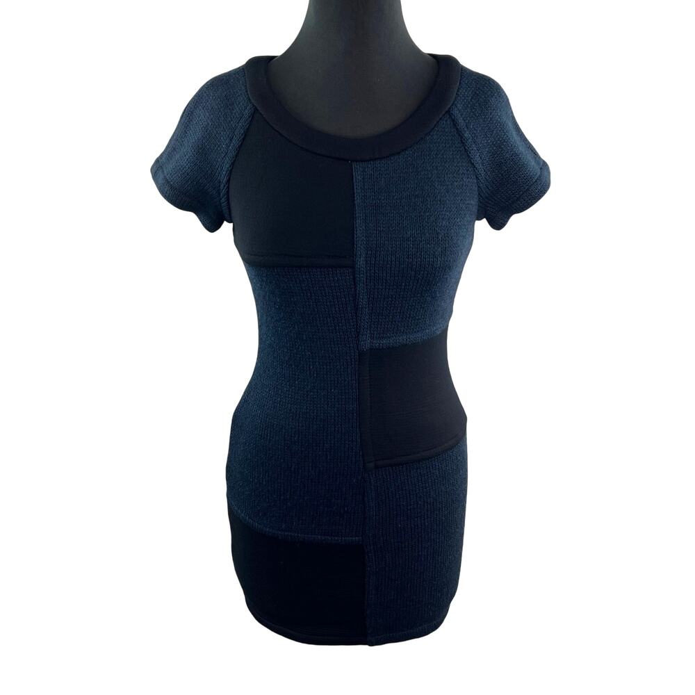 SEA New York Black Blue Sweater Dress Colorblock Fitted Knitted Back Zip Size 2